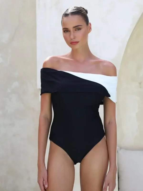 Striking Color Block Off-Shoulder High-Waist Swim Set