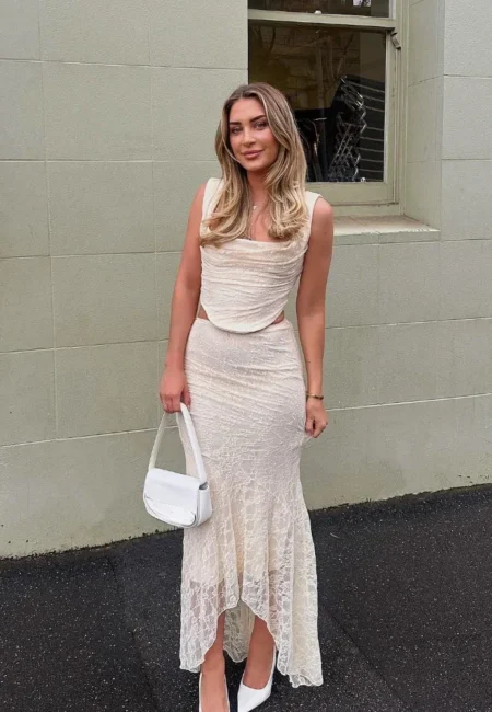 Elegant Women's Lace-Up Maxi Skirt Set Wedding Guest
