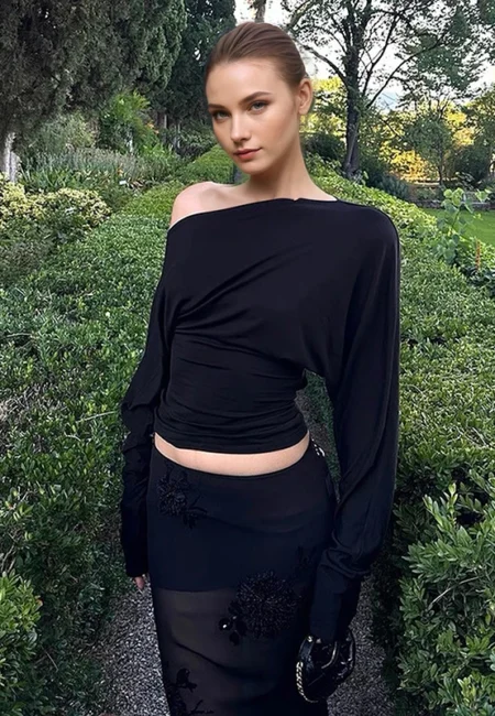 Off-Shoulder Cinched Waist Top: Skew Collar, Knit Elegance