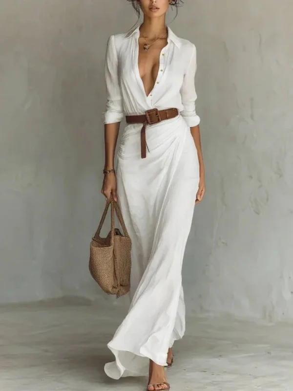 Belted V-Neck Maxi Dress Women Fall Long Sleeve Party Gown