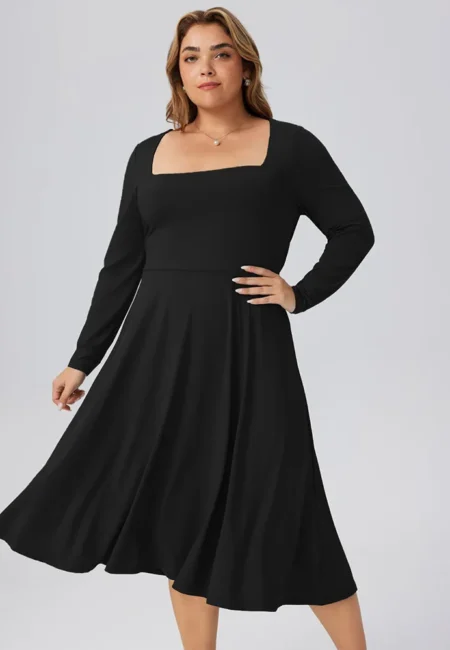 Effortless Black Square Neck A-Line Dress for Polished Commutes