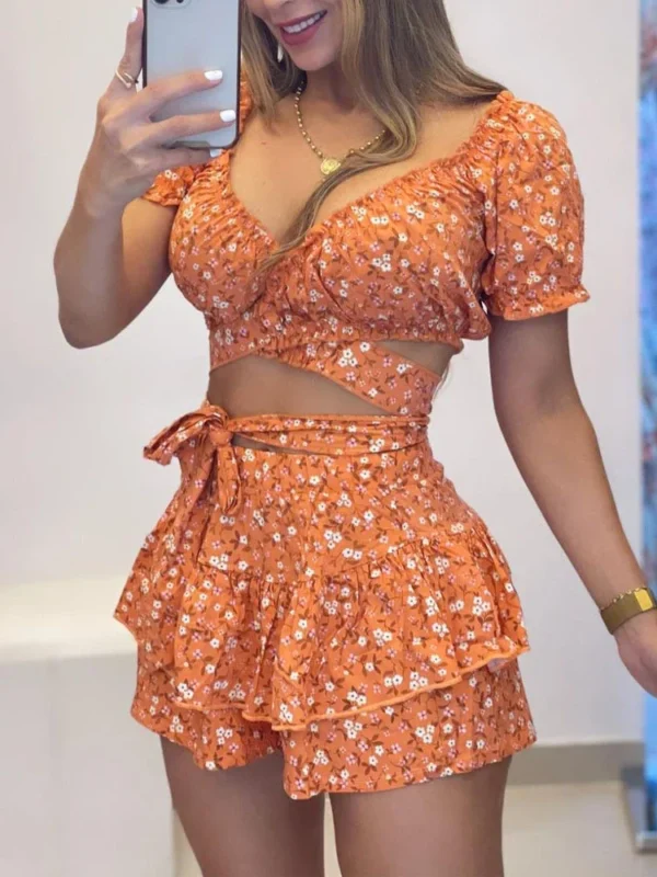 Knotted V-Neck Print Set - Criss Cross Top & Shorts Summer Duo