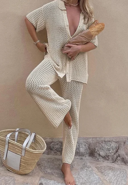 Graceful Hollow Knit Beach Set - Flowy Resort Coverup