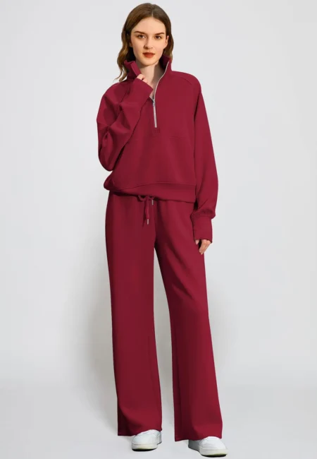 Women's Cozy Half Zip Sweatshirt Wide Leg Pants Lounge Set