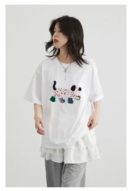 Fun Dog Embroidery Cotton Tees for Stylish Summer Vibes