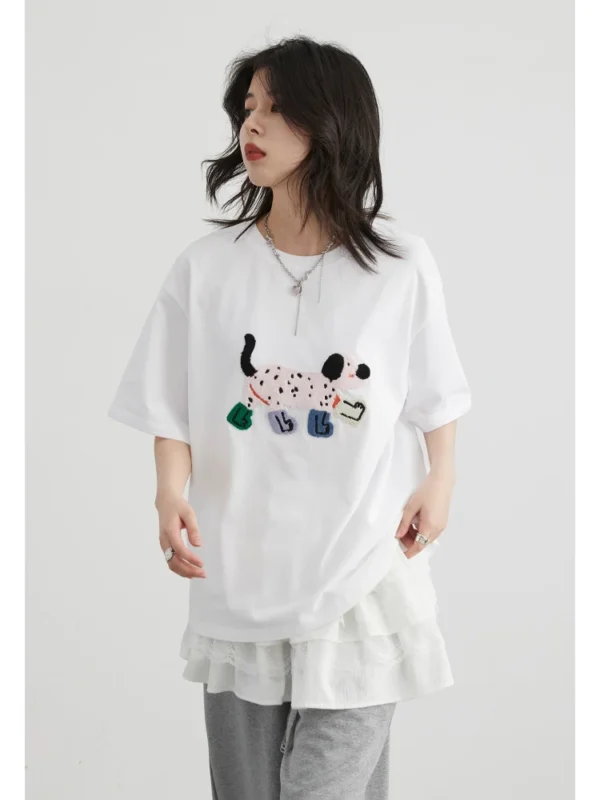Fun Dog Embroidery Cotton Tees for Stylish Summer Vibes