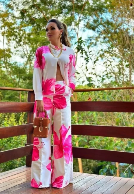 Floral Print Office Outfit Wide Leg Pants Two Piece Set