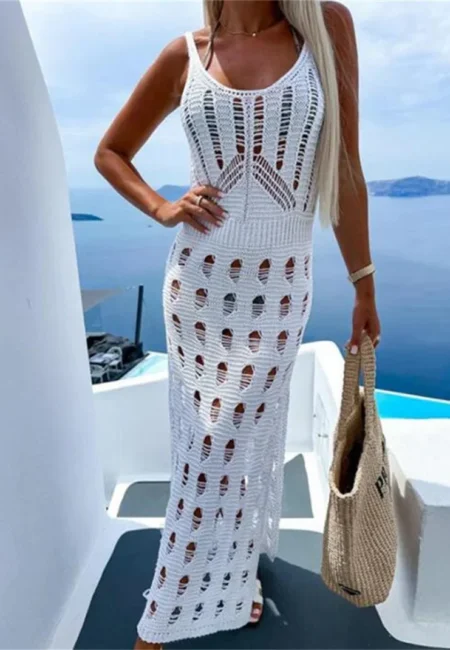 Crochet Beach Cover Up Dress - Sheer Knit Swimwear Sarong