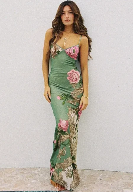 Floral V-Neck Backless Maxi Dress Women Summer Party Gown