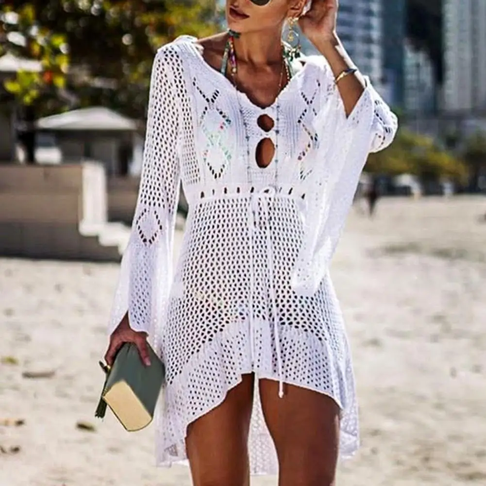 Kf-S7A0E1075A3294F75804E1A898D97D7Aas Flared Sleeve Knit Beach Coverup Dress - Hollow Crochet Style