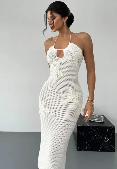 Flattering White Starfish Knit Midi Dress - Resort Beach Cover-Up