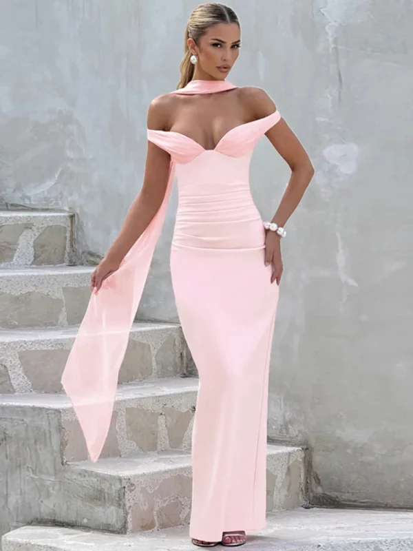 Stunning Off-Shoulder Ribbon Maxi Dress - Backless Party Gown