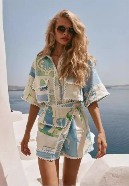 Graceful Ruffle Top & Mini Skirt Set – Beige Summer Holiday Outfit