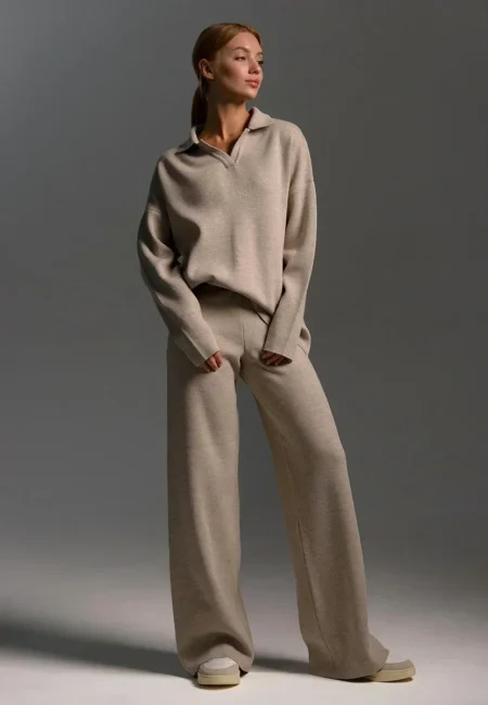 Cozy Winter Knitted Two-Piece Set: Polo Neck & Wide Legs