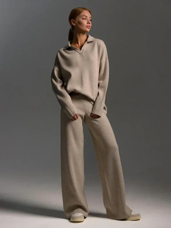 Cozy Winter Knitted Two-Piece Set: Polo Neck & Wide Legs