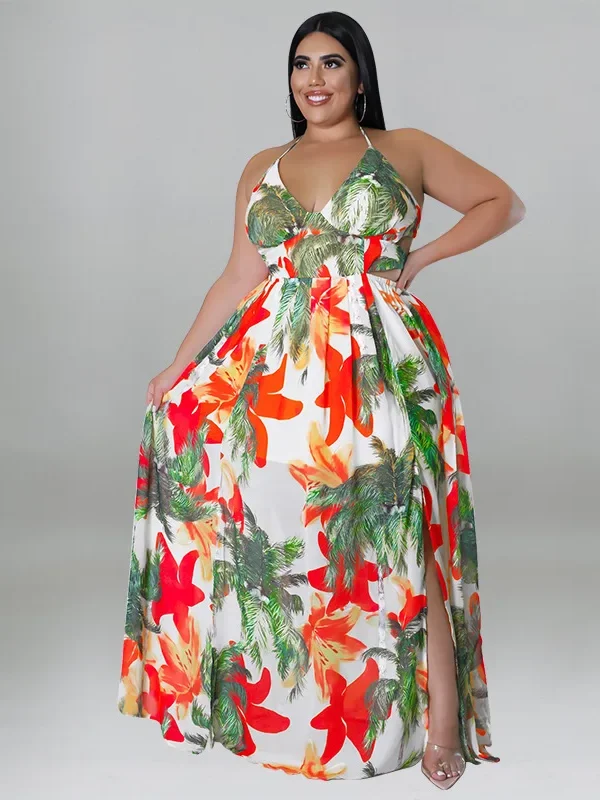 Plus Size Summer Dress: Trendy Backless Printed Elegance
