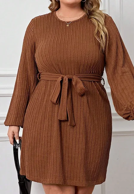 Dark Brown V-Neck A-Line Dress with Bubble Sleeves & Ruffles