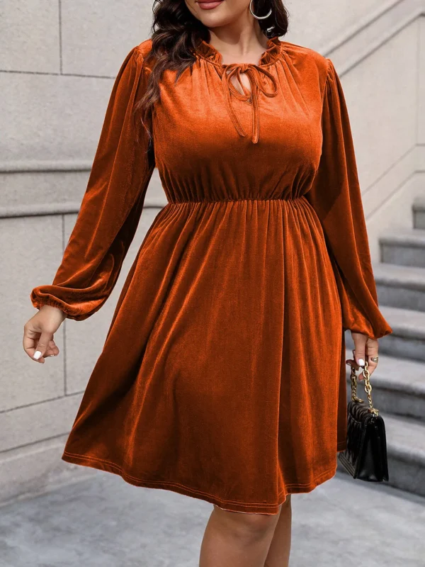 Orange Velvet A-Line Dress with Empire Waist & Bubble Sleeves