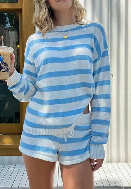 Premium Striped Knit Loungewear Set - Pullover & Shorts Duo