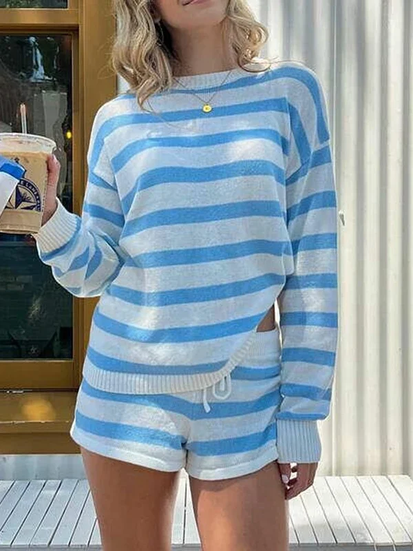 Premium Striped Knit Loungewear Set - Pullover & Shorts Duo