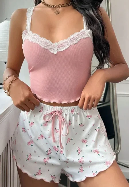 Pink Lace V-Neck Pajama Set: Soft Cami & Shorts Duo