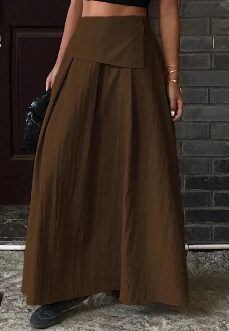 Coffee Fishtail Elegance: Pleated High-Waist Skirt A-Line