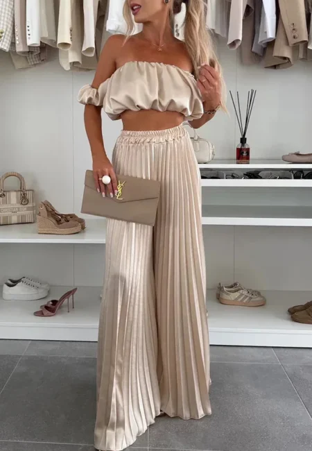 Graceful Off-Shoulder Top & Wide Leg Pants Ensemble