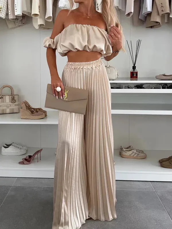 Moopsi 59 Graceful Off-Shoulder Top &Amp; Wide Leg Pants Ensemble