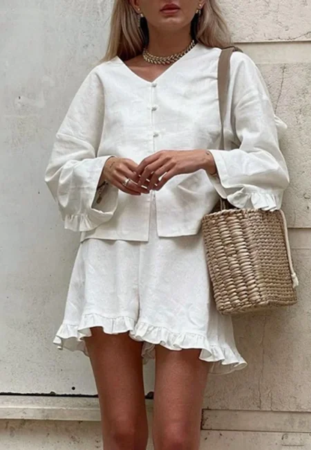 Vintage Ruffle Set: V-Neck Blouse & Elastic Comfort Shorts