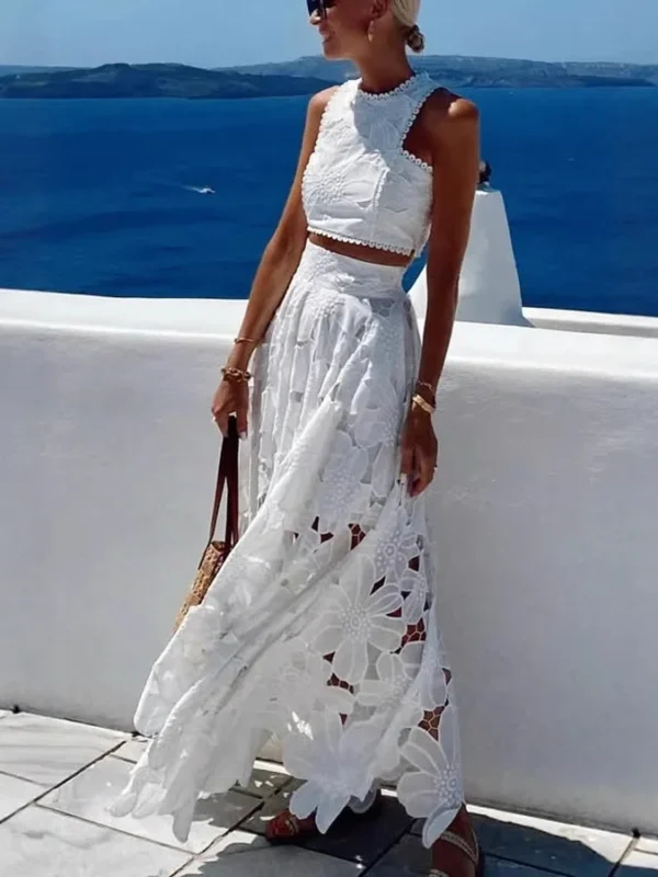 Luxe White Lace Hollow-Out Two-Piece Summer Resort Set