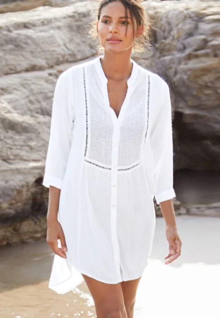 White Rayon Swimsuit Cover Up - Lace Cutout Beach Tunic