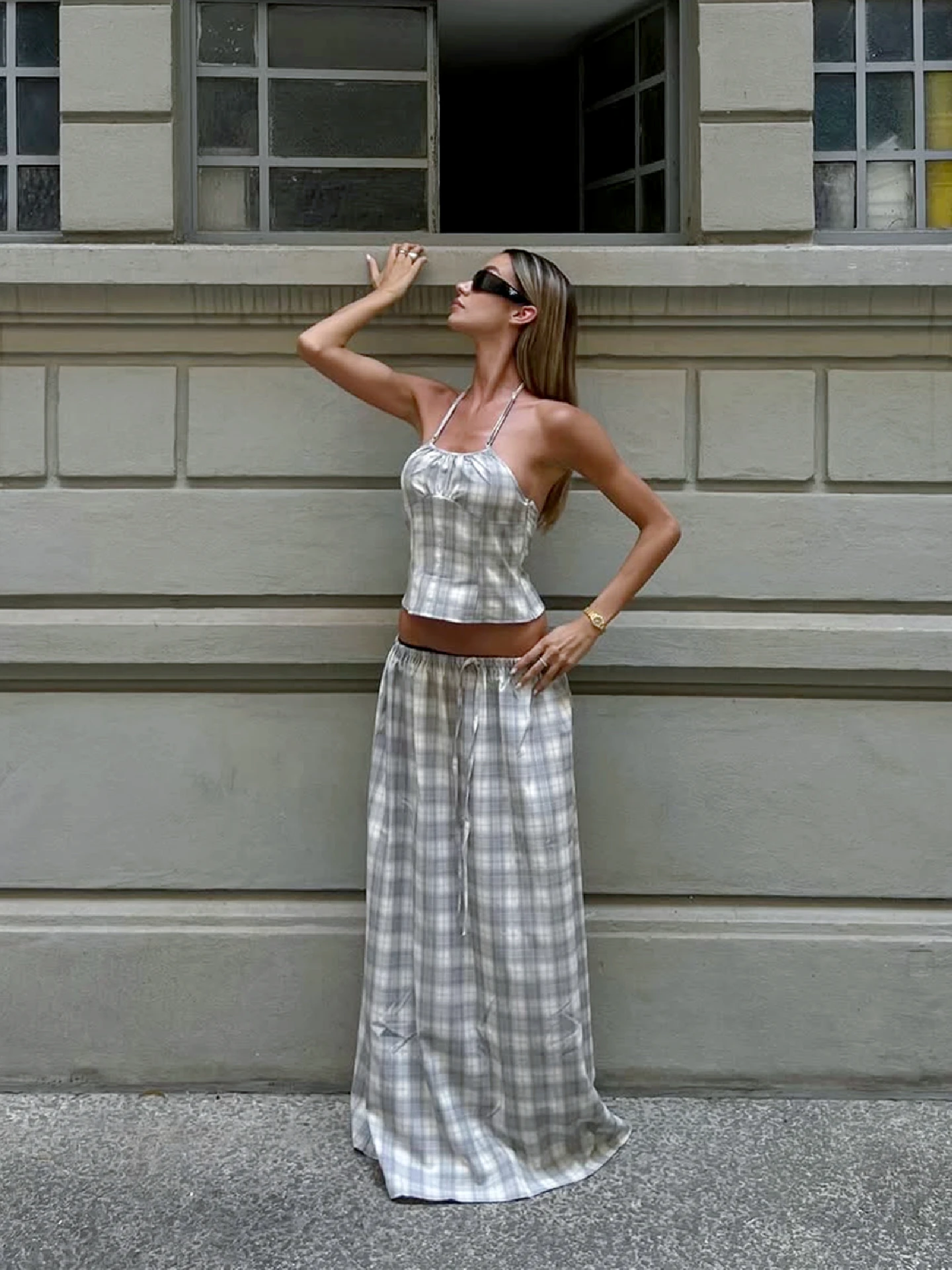 kf-Sc48975908fed4676ac95112e2742fe03c Elegant Plaid Halter Crop Top & Lace-Up Skirt Set