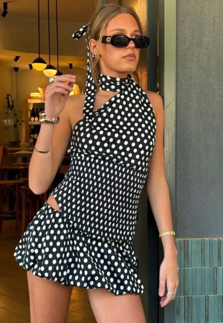 Vintage Polka Dot Strapless Tie Top & Ruffle Skirt Set
