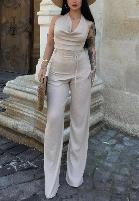 Sophisticated Halter Backless Top & Wide Leg Pants Set