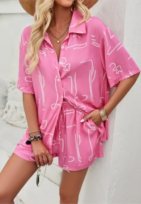 Printed Button-Up & Belted Shorts Set - Effortless Style