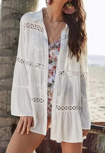 White Tatting Beach Cover Up Shirt – Flattering Boyfriend Fit