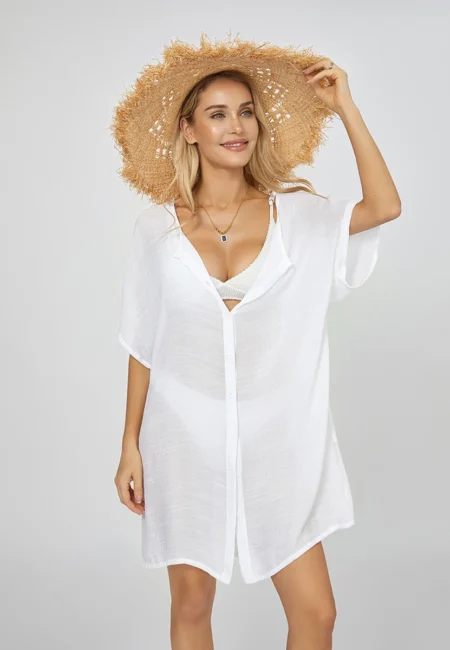 White Crew Neck Tunic Dress - Effortless Beach Resort Wear