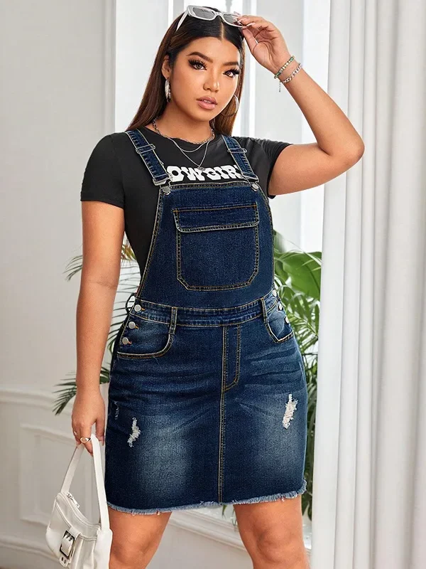 Navy Blue Ruffle Denim Strap Skirt - Flattering A-Line Summer