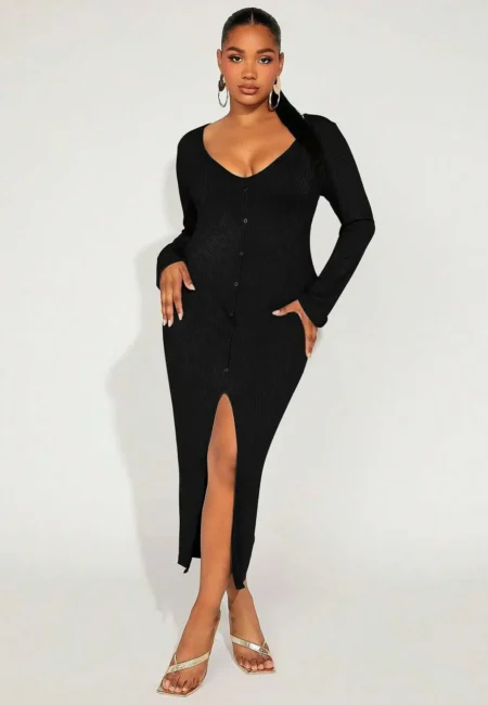 Elegant Black V-Neck Midi Dress with Ruffles - Curve Friendly