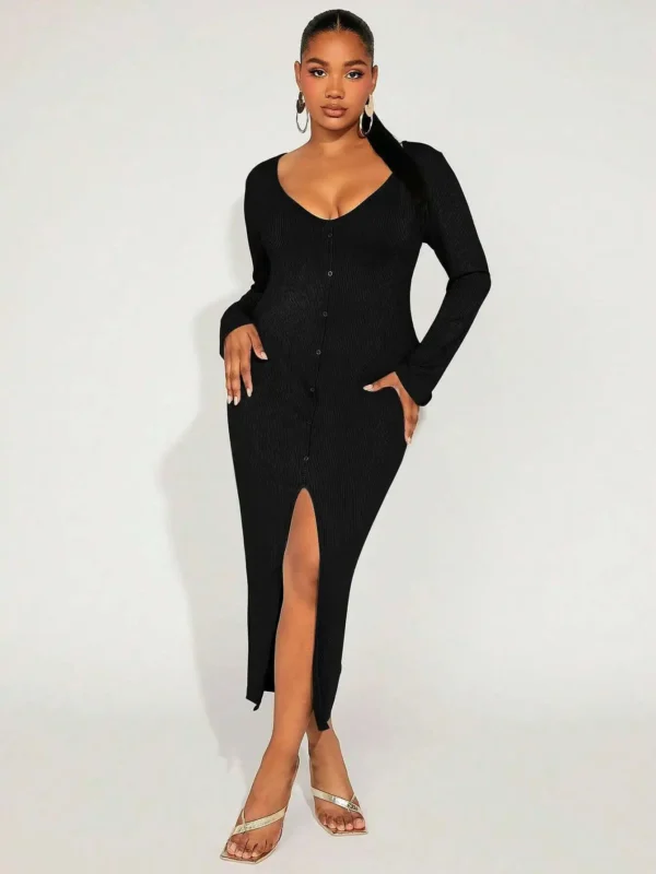 Elegant Black V-Neck Midi Dress with Ruffles - Curve Friendly