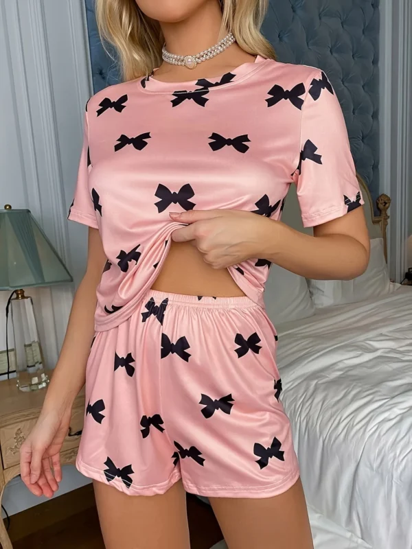 Bow Print Women's Pajama Set - Cozy Top & Shorts Duo