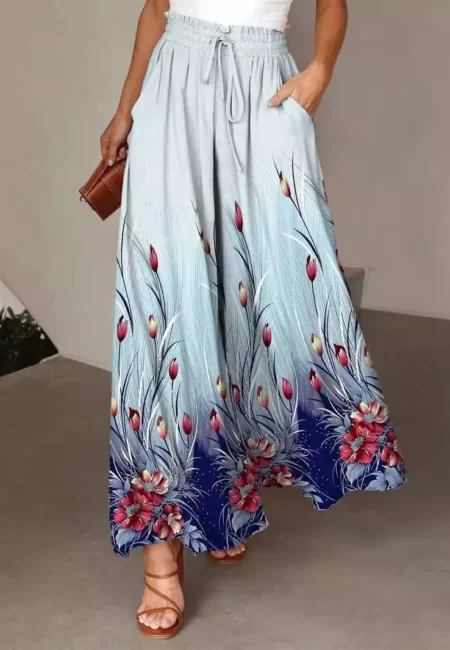 Women's Spring/summer New Product Elegant Wind Blue Red Flower Printed Large Casual Pants
