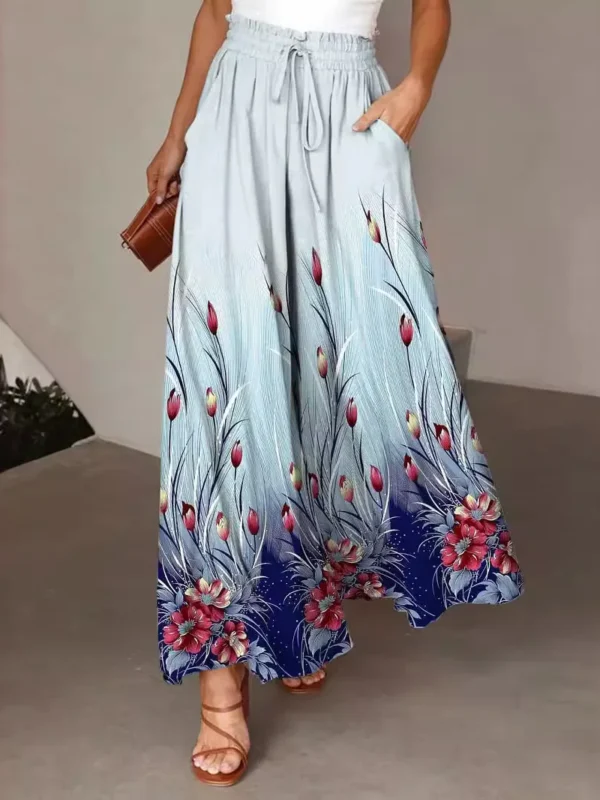 Women's Spring/summer New Product Elegant Wind Blue Red Flower Printed Large Casual Pants