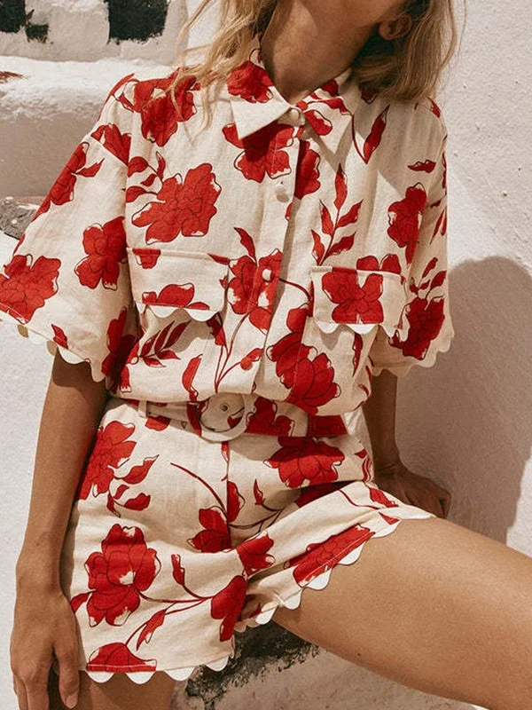 Floral Vacation Two-Piece Set - Lapel Shirt & Shorts Combo