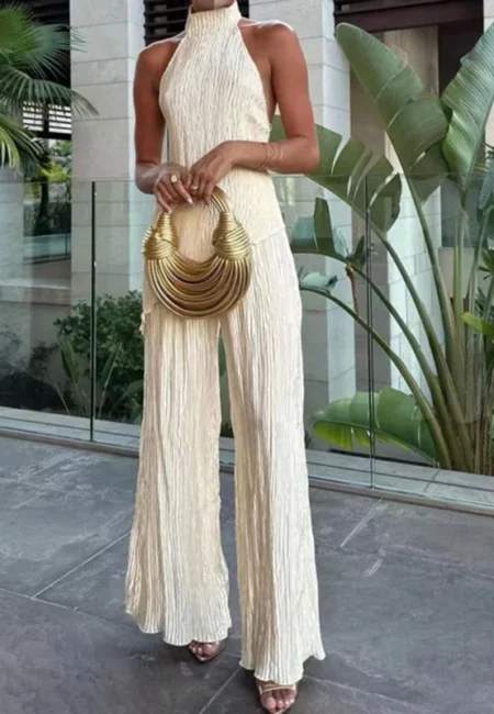 Dreamy Backless Halter Set - Wide Leg Pants & Blouse Combo