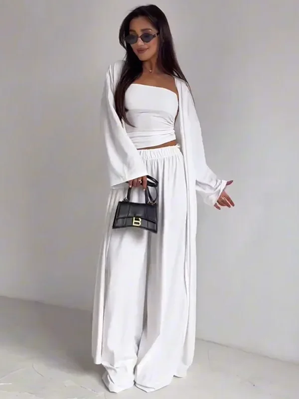 Versatile 3-Pc Cardigan Set: Wide Leg Pants & Tube Top Outfit