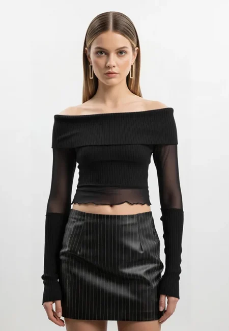 Alluring Black Mesh Crop Top: Off-Shoulder Mesh Patchwork