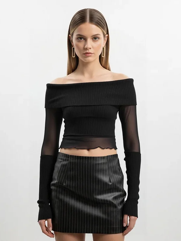 Alluring Black Mesh Crop Top: Off-Shoulder Mesh Patchwork