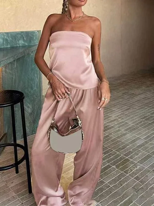 Luxe Satin Two-Piece Set - Off Shoulder Top & Wide Leg Pants