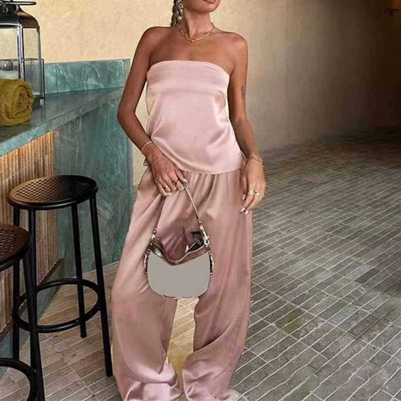 kf-Sfd3eaa7390e1495da74b3b16c16acad1u Luxe Satin Two-Piece Set - Off Shoulder Top & Wide Leg Pants
